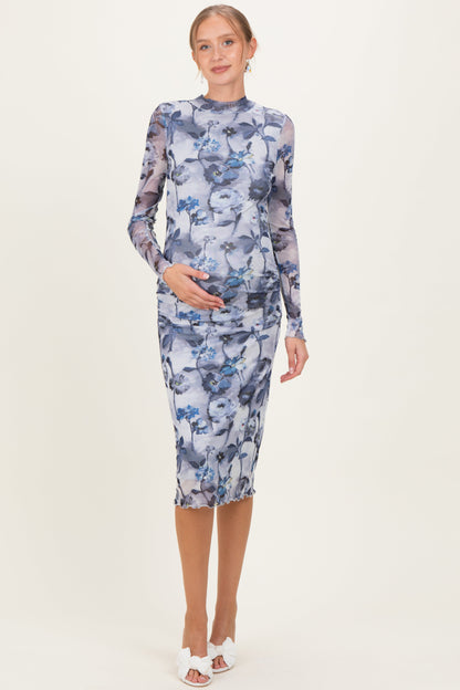 Blue Floral Mesh Long Sleeve Maternity Midi Dress