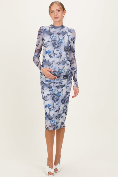Blue Floral Mesh Long Sleeve Maternity Midi Dress