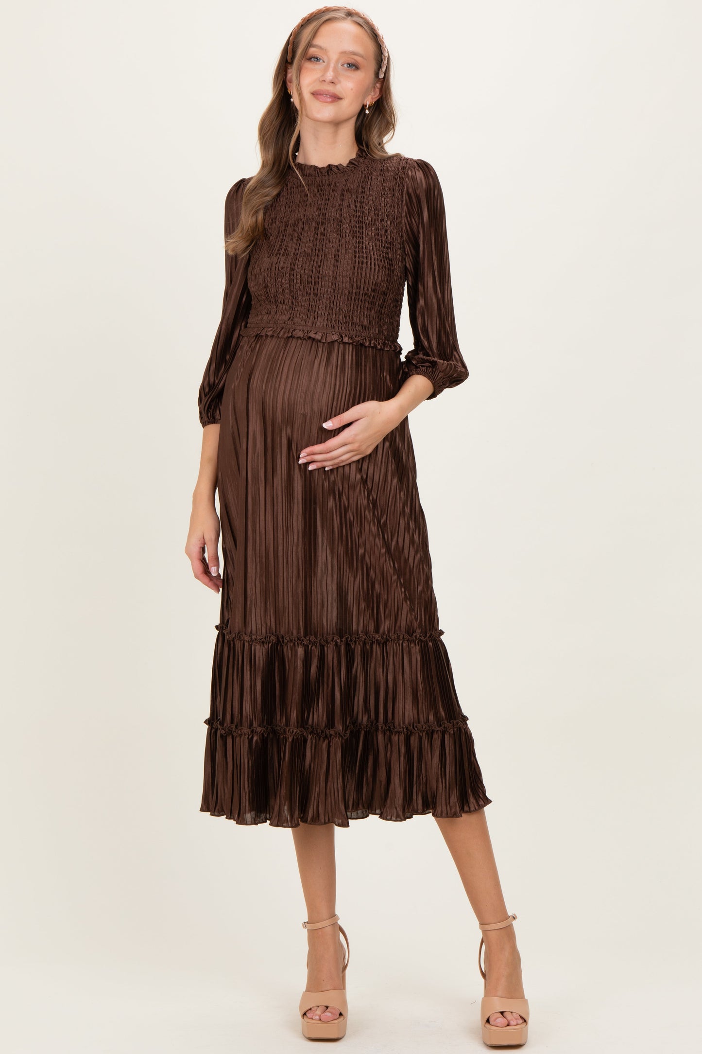 Brown Pleated Satin Smocked Bodice Maternity Midi Dress