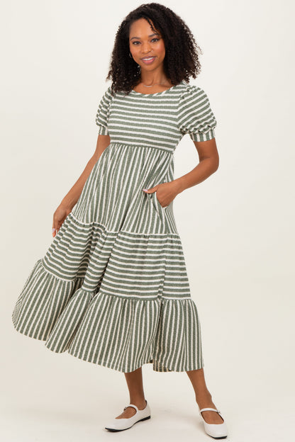 Dusty Olive/ Cream Striped Short Sleeve Tiered Maternity Maxi Dress
