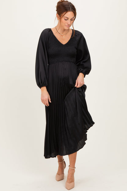 Black Satin Smocked Pleated Maternity Midi Dress
