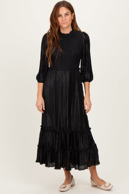 Black Pleated Satin Smocked Bodice Maternity Midi Dress