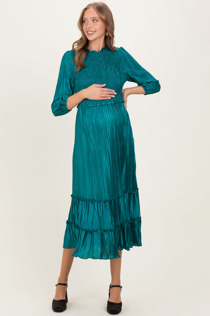 Forest Green Pleated Satin Smocked Bodice Maternity Midi Dress