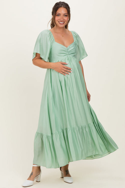Mint Flutter Sleeve Ruffle Hem Maternity Midi Dress