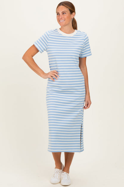Light Blue Striped Short Sleeve Maternity Midi Dress