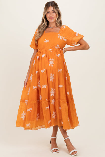 Tangerine Floral Print Ruffle Hem Maternity Midi Dress