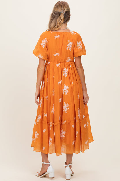 Tangerine Floral Print Ruffle Hem Maternity Midi Dress