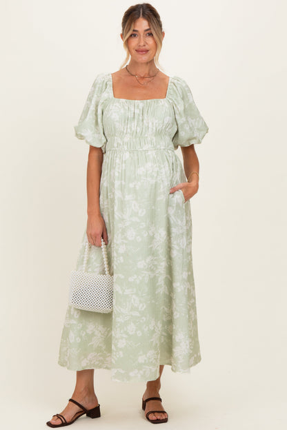 Sage Puff Sleeve Smocked Waist Maternity Midi Dress