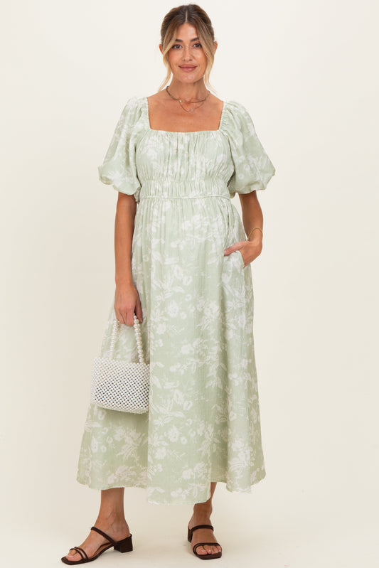 Sage Puff Sleeve Smocked Waist Maternity Midi Dress