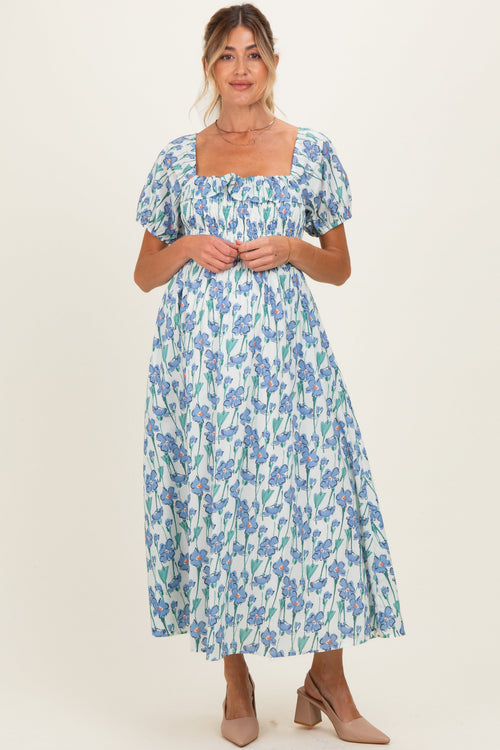 Blue Floral Smocked Ruffle Accent Maternity Midi Dress