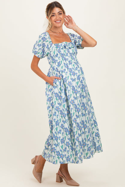 Blue Floral Smocked Ruffle Accent Maternity Midi Dress