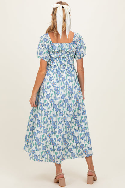 Blue Floral Smocked Ruffle Accent Maternity Midi Dress