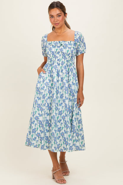 Blue Floral Smocked Ruffle Accent Maternity Midi Dress