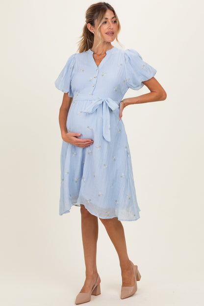Blue Floral Embroidered Tie Waist Maternity Dress