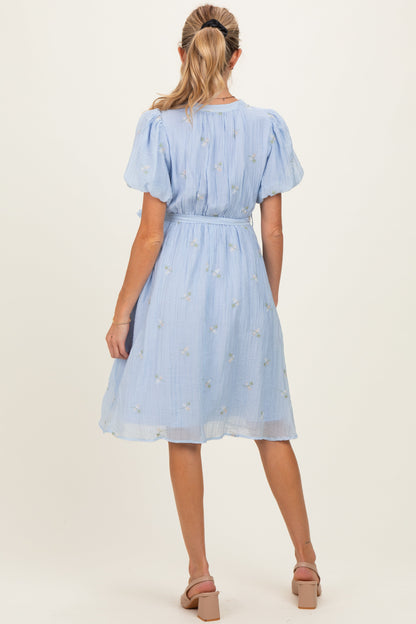 Blue Floral Embroidered Tie Waist Maternity Dress