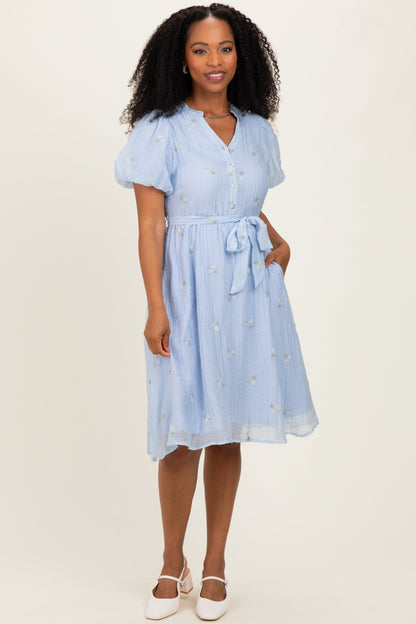 Blue Floral Embroidered Tie Waist Maternity Dress