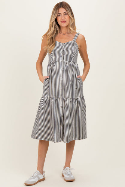 Black Striped Tiered Maternity Overall Dress