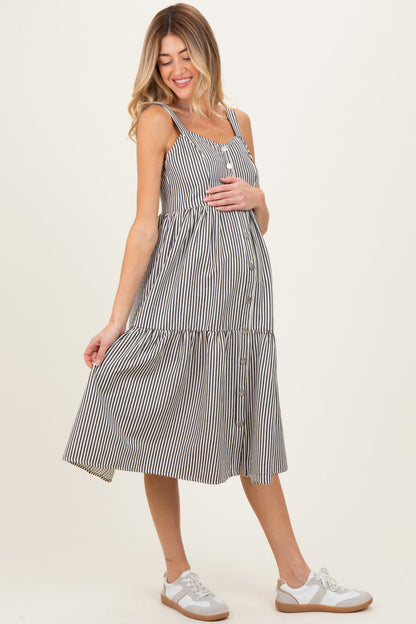 Black Striped Tiered Maternity Overall Dress