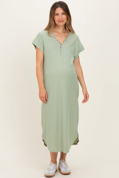 Sage Striped Button Detail Maternity Midi Dress