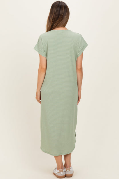 Sage Striped Button Detail Maternity Midi Dress