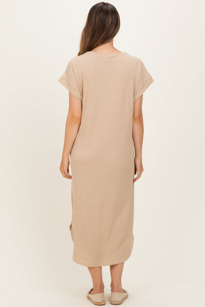 Camel Striped Button Detail Maternity Midi Dress