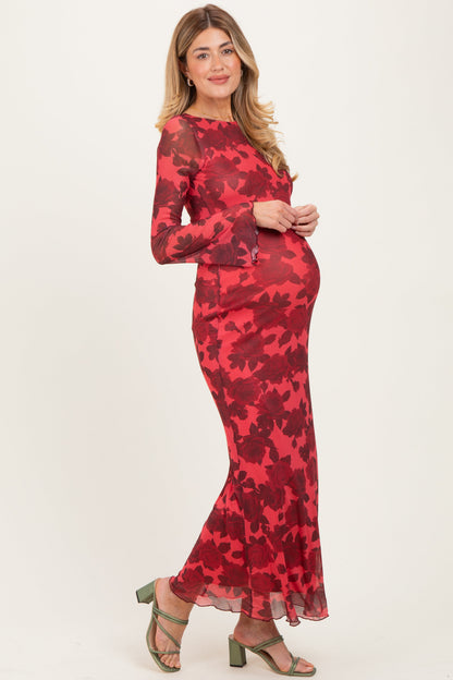 Red Floral Bell Sleeve Maternity Maxi Dress