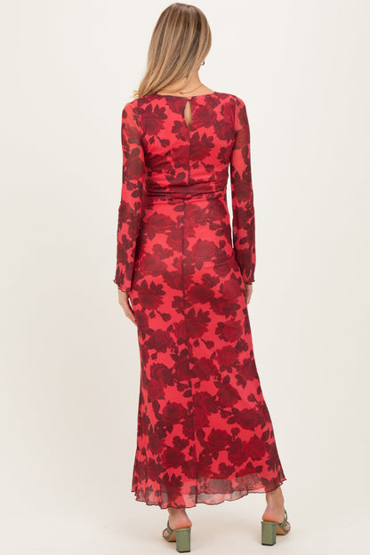 Red Floral Bell Sleeve Maternity Maxi Dress