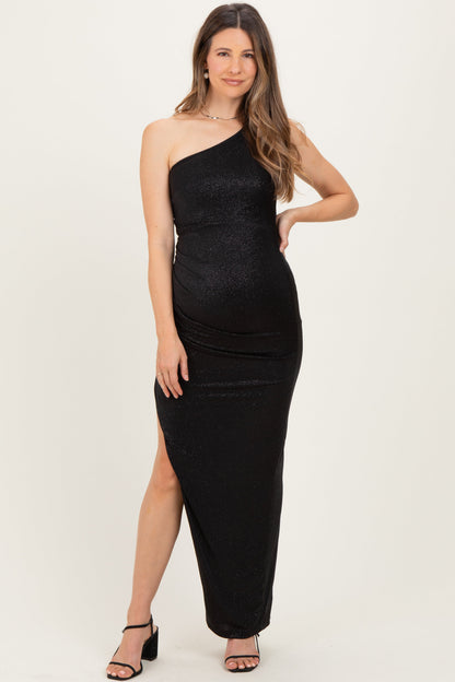 Black Glitter One Shoulder Side Slit Maternity Maxi Dress