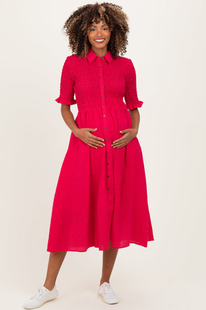 Red Gingham Smocked Button Down Maternity Midi Dress