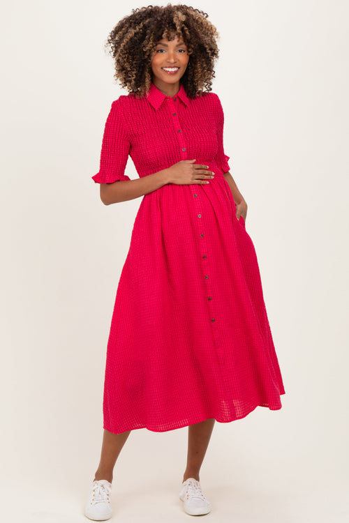 Red Gingham Smocked Button Down Maternity Midi Dress