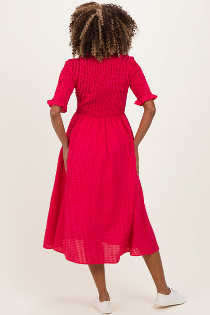 Red Gingham Smocked Button Down Maternity Midi Dress