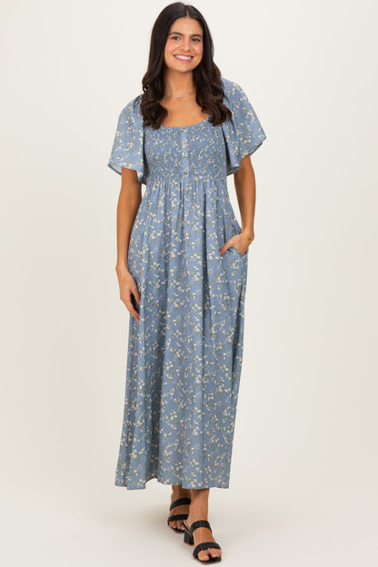 Grey Floral Smocked Flutter Sleeve Maternity Midi Dress