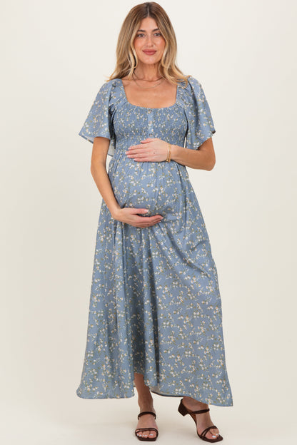 Grey Floral Smocked Flutter Sleeve Maternity Midi Dress