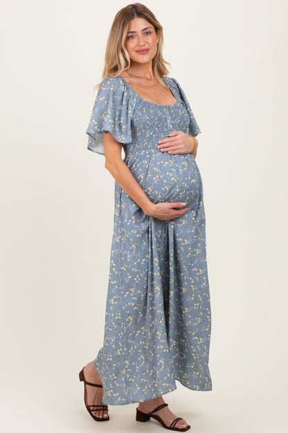 Grey Floral Smocked Flutter Sleeve Maternity Midi Dress