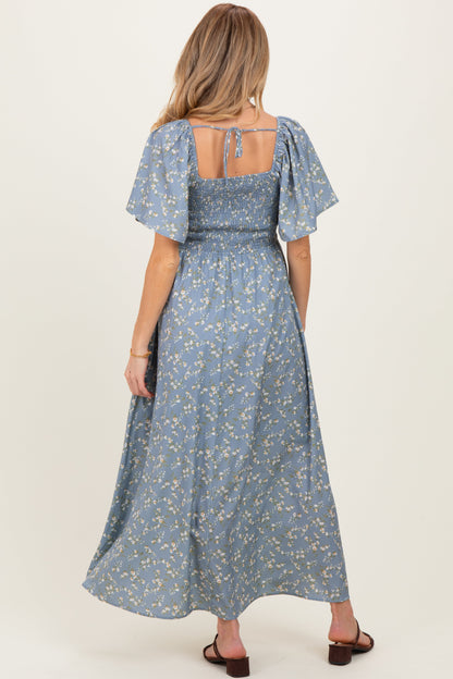 Grey Floral Smocked Flutter Sleeve Maternity Midi Dress