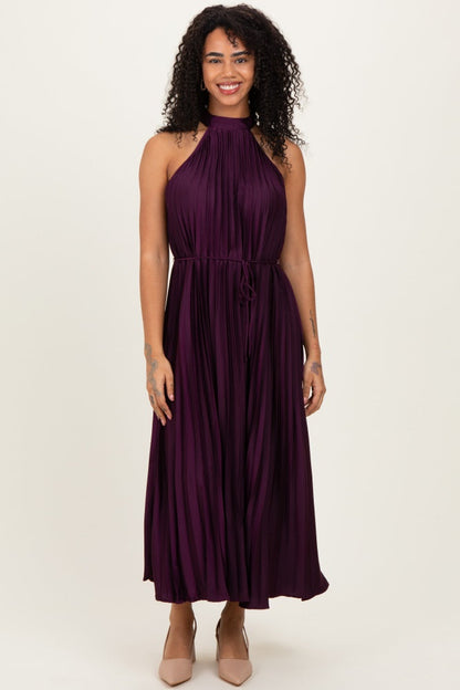 Purple Pleated Maternity Halter Dress