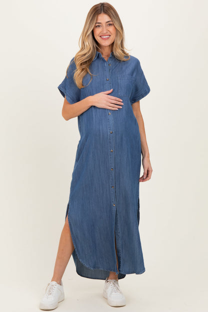 Blue Chambray Button Down Maternity Shirt Dress