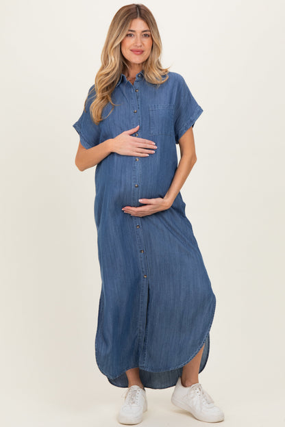 Blue Chambray Button Down Maternity Shirt Dress