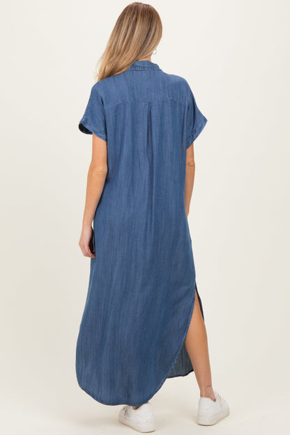 Blue Chambray Button Down Maternity Shirt Dress