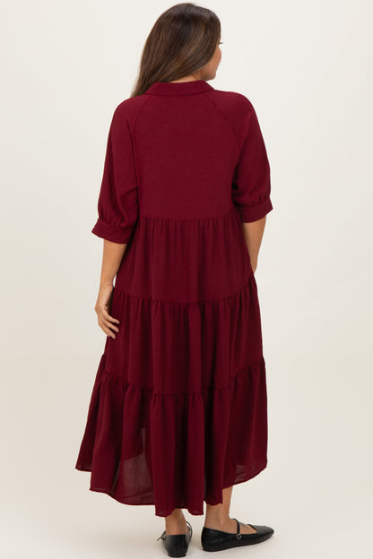 Wine Collared Button Up Tiered Maternity Midi Dress