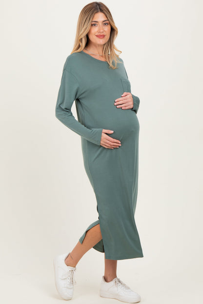 Light Olive Oversized Long Sleeve Maternity Midi Dress