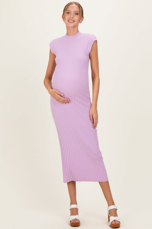 Light Pink Ribbed Knit Mock Neck Maternity Maxi Dress