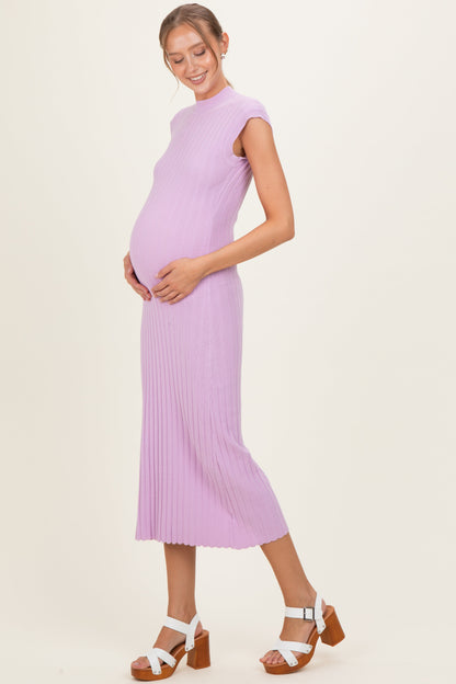 Light Pink Ribbed Knit Mock Neck Maternity Maxi Dress