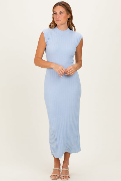 Sky Blue Ribbed Knit Mock Neck Maternity Maxi Dress