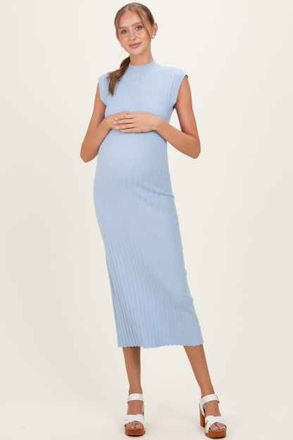 Sky Blue Ribbed Knit Mock Neck Maternity Maxi Dress