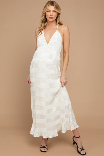 Cream Satin Plisse V-Neck Maternity Maxi Dress