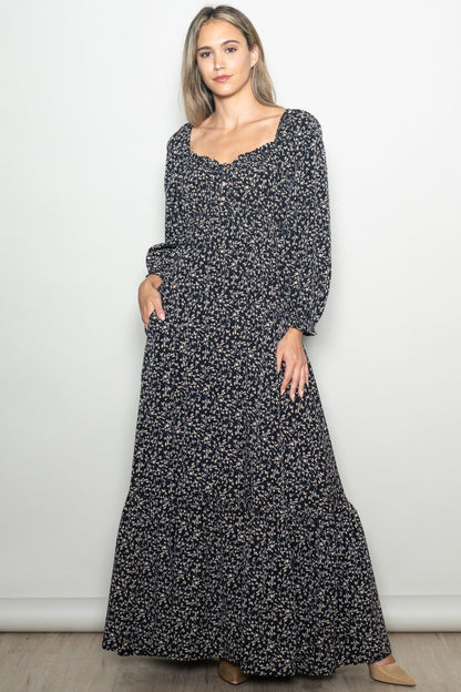 Black Floral Button Accent Long Sleeve Maternity Maxi Dress