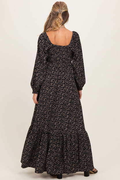 Black Floral Button Accent Long Sleeve Maternity Maxi Dress