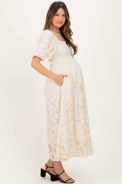 Cream Lace Puff Sleeve Maternity Midi Dress
