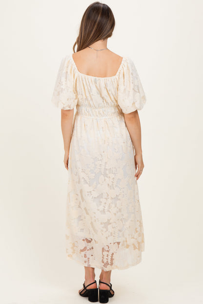 Cream Lace Puff Sleeve Maternity Midi Dress